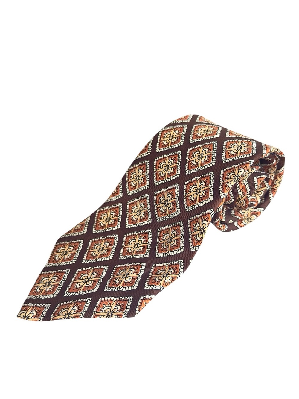 Lanvin Paris Vintage Silk Tie Brown Orange Diamond Floral Designer Necktie